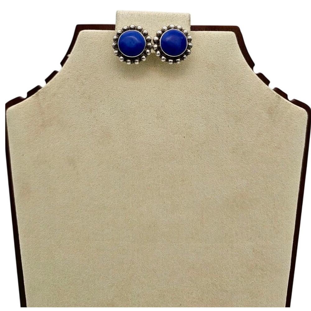 Vintage Sterling Silver & Large Center Blue Lapis Lazuli Pierced Earrings - Picture 2 of 6